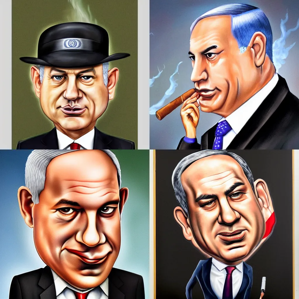 Prompt: an airbrushed caricature portrait of netanyahu holding a cuban cigar