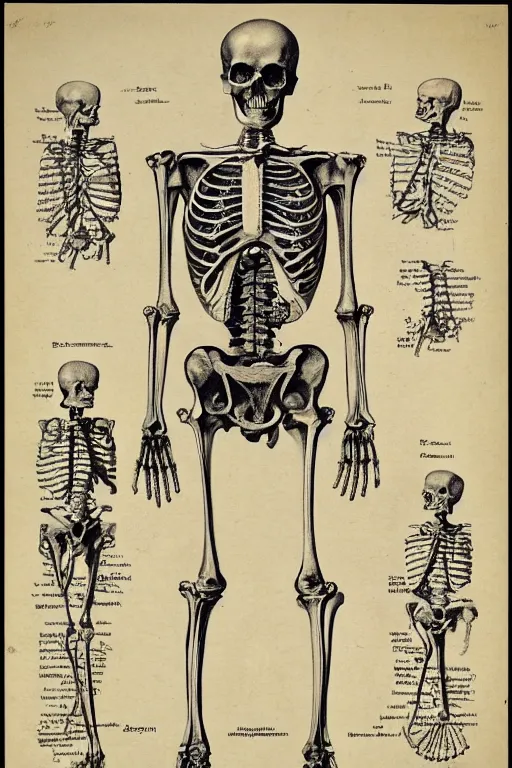 Image similar to victorian anatomical illustration of a human skeleton, photorealistic, diagram, intricate details