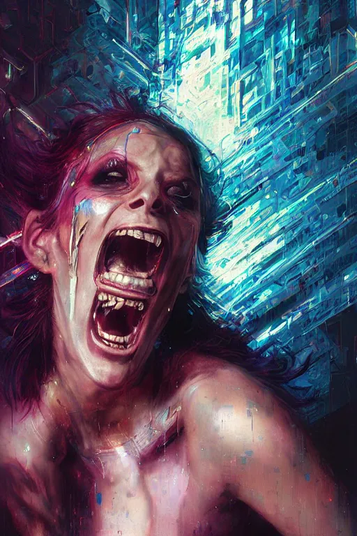 Image similar to portrait, headshot, digital painting, an beautiful techno - witch lady in circuit electronic mask, screaming in rage, pearlescent, synthwave, glitch, fracture,, realistic, hyperdetailed, chiaroscuro, concept art, art by john berkey