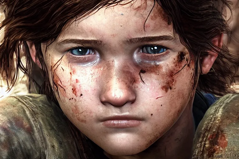 Image similar to an amazing photo, extreme close-up of the face of a young ellie from The last Of Us, award winning photo, very detailed, cinematic, beautiful lighting effects