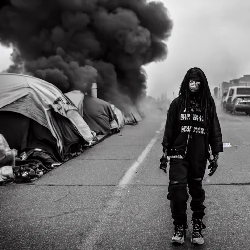 Prompt: Candid extreme wide shot of a poor techwear mixed woman with tattoos outside of a futuristic Los Angeles on fire, homeless tents on the side of the road, military police, cyberpunk, 4k, extreme long shot, desaturated, full shot, action shot, motion blur, sigma 85mm f/1.4, high resolution, 4k, 8k, hd, full color, important moment in history, award winning photography