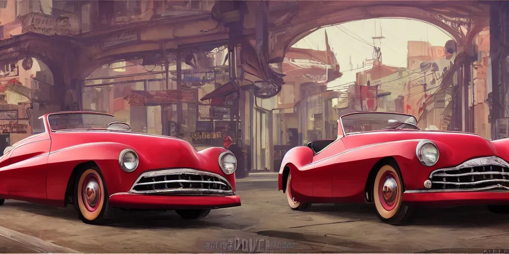 Image similar to front picture of one single 1952 red convertible car as a grand theft auto 5 loading screen, front view, intricate, studio, art by anthony macbain + greg rutkowski + alphonse mucha, concept art, 4k, sharp focus