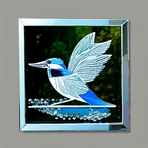 Image similar to wall art of a real life kingfisher made out of reflective crystal and very reflective polished metal, in the background is a forest, product photography