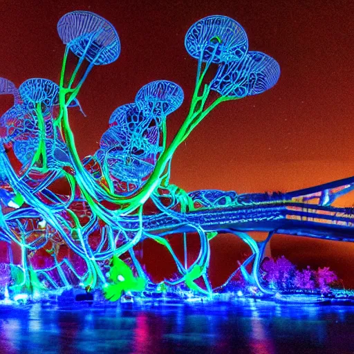 Prompt: vivid, robust by skottie young, by elena paraskeva. a kinetic sculpture of a group of flying islands, each with its own unique landscape, floating in the night sky. the islands are connected by a network of bridges. a small group of people can be seen walking along one of the bridges.