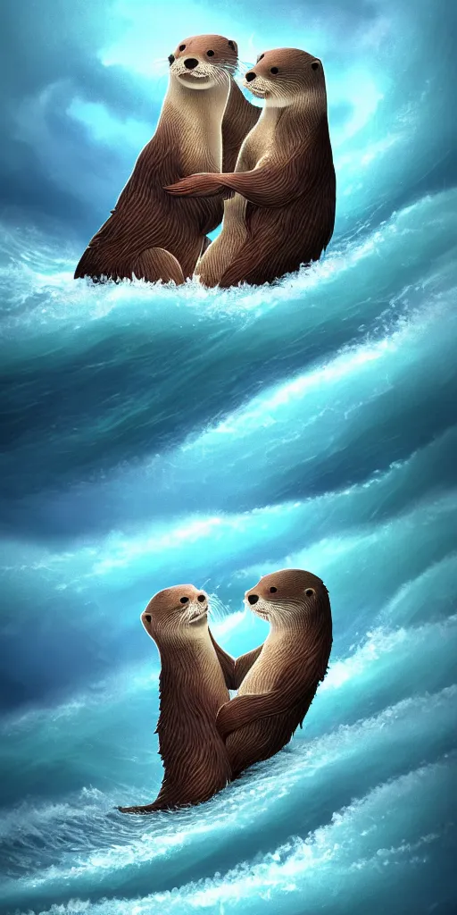 Image similar to An adorable Otter saving his wife from the whirlpool, in love holding hands side by side, in the middle of a super scary storm at sea, thunder, lightning, waves, fantasy illustration, cinematic, award winning, romantic, detailed trending on artstation, masterpiece