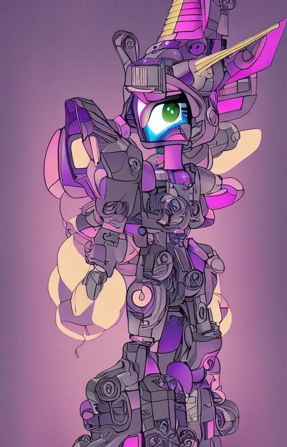 Image similar to Artwork by moebius and oscar chichoni, Robotic twilight sparkle