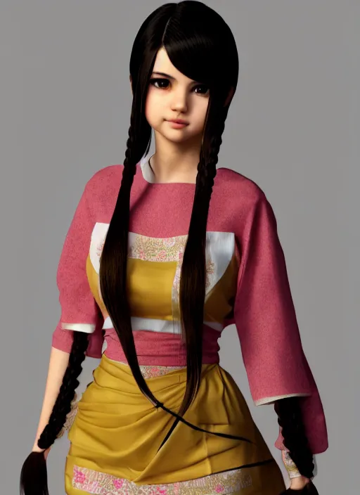 Prompt: render as a very beautiful daz 3d anime manga girl selena gomez, wearing assamese bihu mekhela sador gamosa dress, long braided black hair, hazel eyes, full round face, short smile, assam tea garden setting, ambient diffused glow cinematic HDRI lighting, medium shot, mid-shot, highly detailed, trending on Artstation, Unreal Engine 4k, daz studio genesis iray amazing skin shader ultra hd, cinematic wallpaper by Stanley Artgerm Lau, anime masterpiece, subsurface scattering