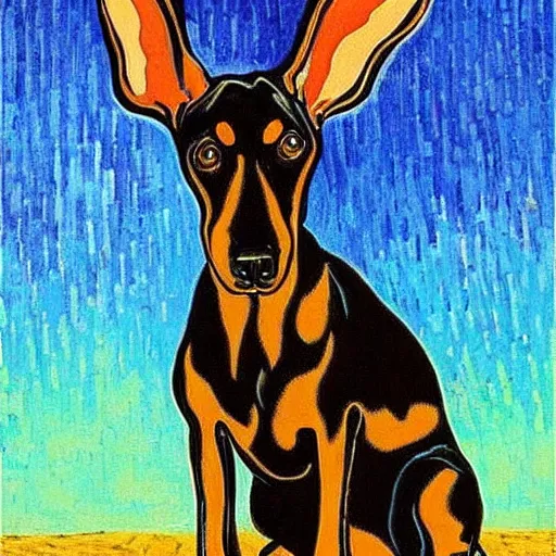 Prompt: “black and tan Doberman with floppy rabbit ears, by Vincent Van Gogh”