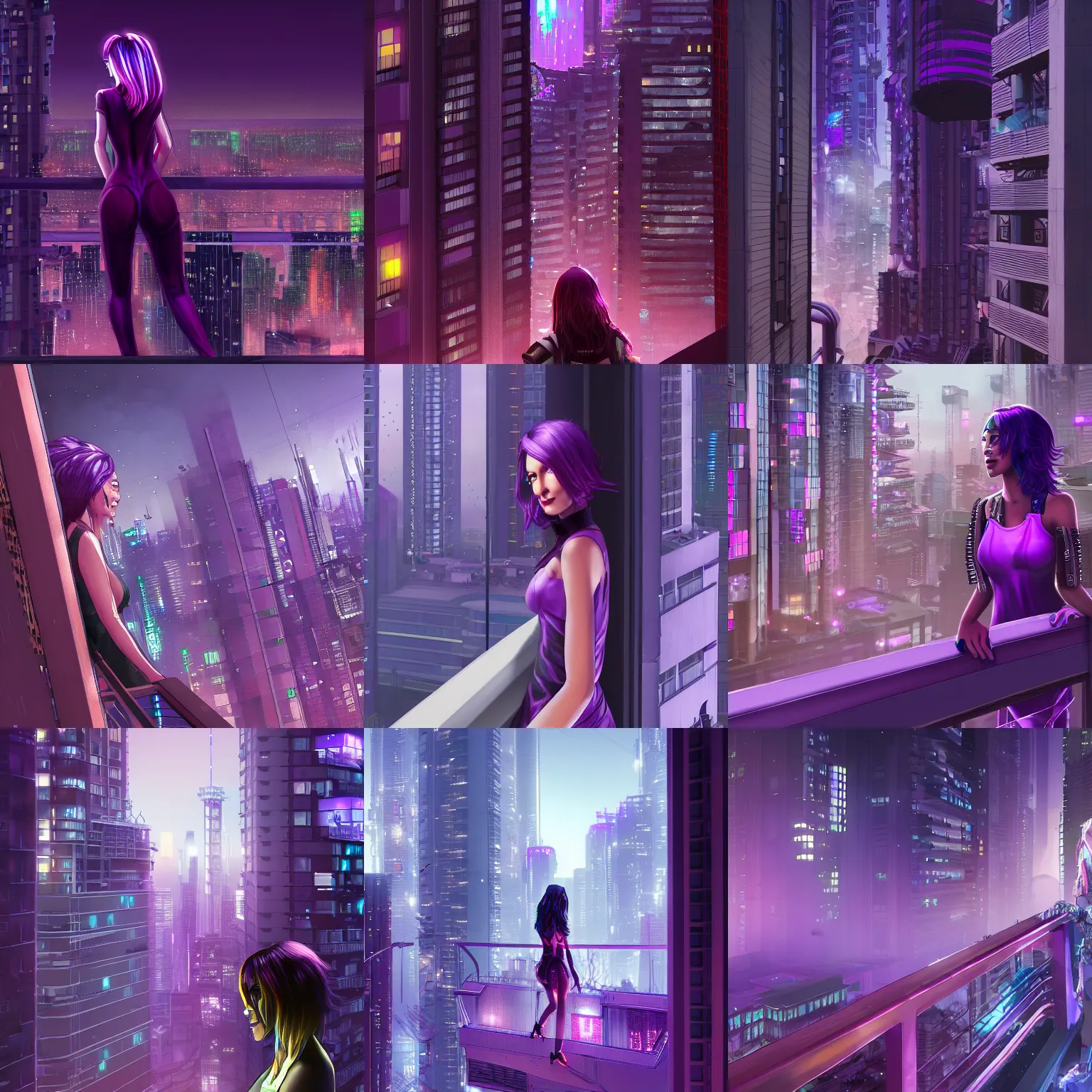 Prompt: Purple haired lady looking from a balcony at the skyline of a cyberpunk city, nighttime, hyperdetailed, artstation, cgsociety, 8k