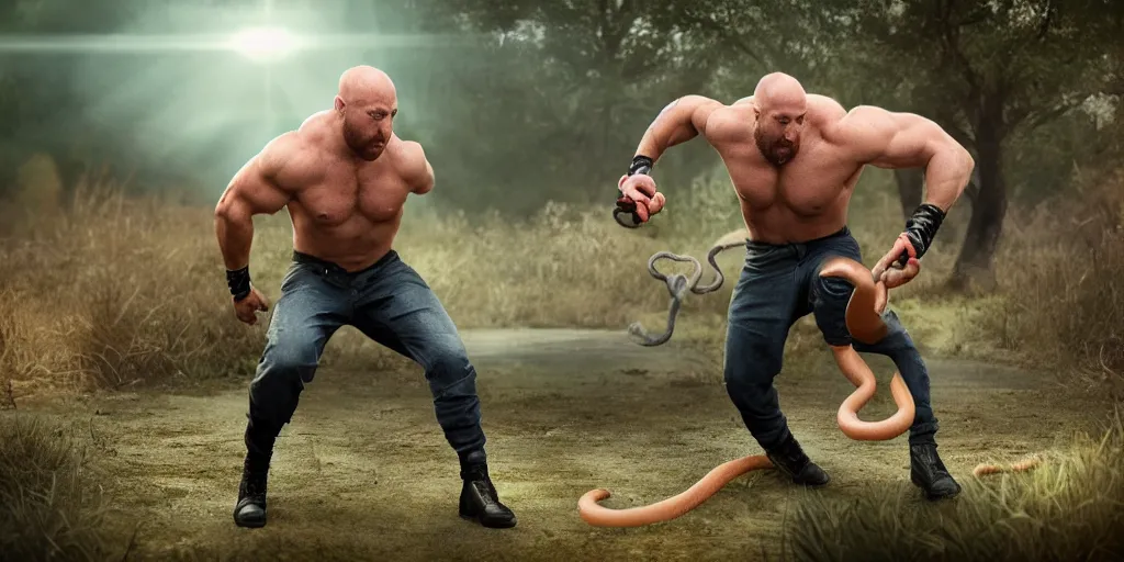 Image similar to The Ryback fighting a snake outdoors, hyperrealistic, photorealistic, ultra hd, cinematic lighting, award-winning, 4k, beautiful color, high quality, high textured, lens flare