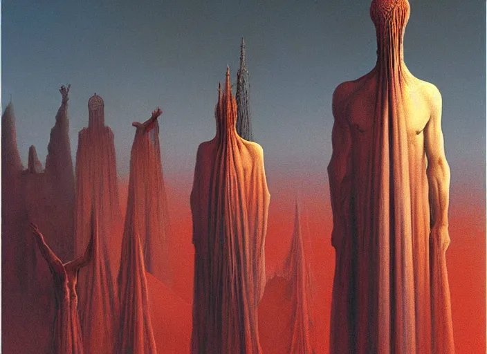 Image similar to painting of omniscient tall statues of gods towering above a hopeless person, by zdzislaw beksinski, by dariusz zawadzki, by wayne barlowe, gothic, surrealism, cosmic horror, lovecraftian, cold hue's, warm tone gradient background, concept art, beautiful composition