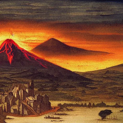 Prompt: medieval painting of Mordor with the mount doom, landscape