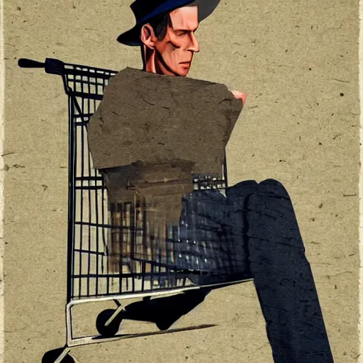 Image similar to nick valentine is sitting in a shopping cart, realism, stylization of art