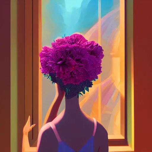 Image similar to closeup, giant flower head, woman next to modern windows, luxury apartment, surreal photography, dramatic light, impressionist painting, digital painting, artstation, james gilleard