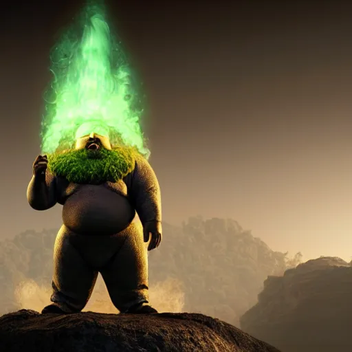 Image similar to highly detailed octane render of a short ugly fat man with a giant beard and wearing armour whilst laughing at a green mushroom cloud surrounded by dead insects in a cave