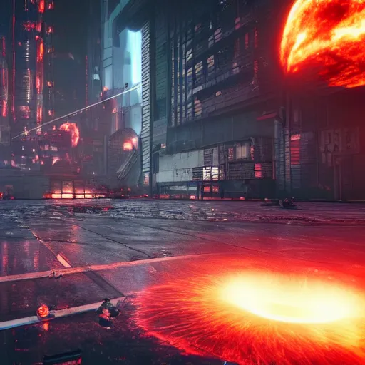 Image similar to a black hole is destroying a gothic cyberpunk City, catastrophic, fire and explosions, the feeling of dread, photorealistic, octane render, unreal engine