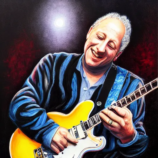 Image similar to portrait of mark knopfler with bb king joyful, highly detailed painting by stephen bliss, boxart, 8 k