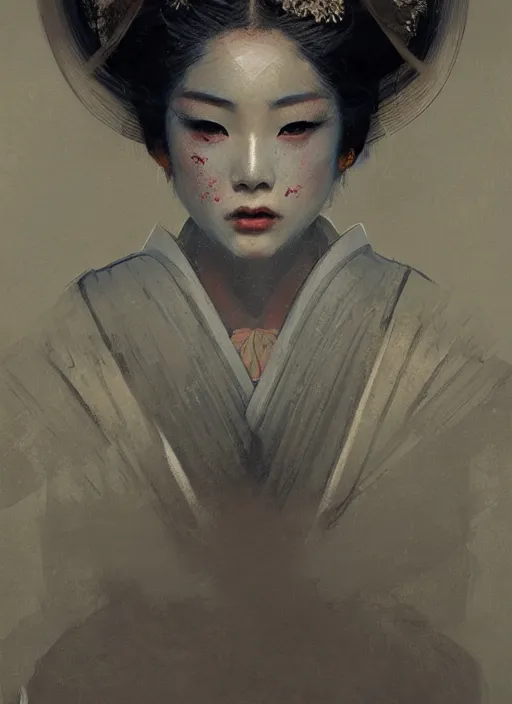 Image similar to female geisha girl, beautiful face, rule of thirds, intricate outfit, symmetrical, spotlight, by greg rutkowski, by jeremy mann, digital painting