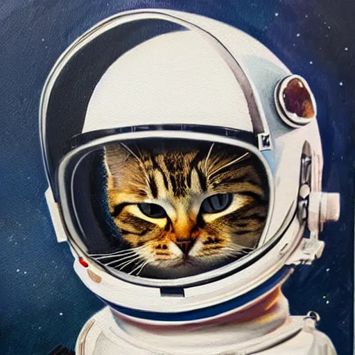 Prompt: oil painting of a cute cat in a astronaut suit with helmet, 35mm, photo, Epic, cinematic, highly detailed and intricate