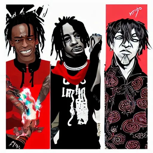 Prompt: Young Thug, Playboi Carti and Lil Uzi Vert, Ninja Scrolls, Gang, Pistol, Blood, red smoke, by artgem, by Loish Trending on artstation