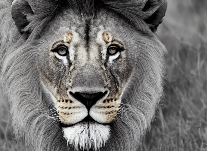 Prompt: a closeup, 4 5 mm, detailed photograph of real lion head dwarf in savana, beautiful low light, savana background, 4 5 mm, by franz lanting