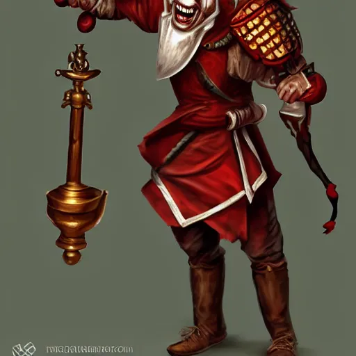 Image similar to of a realistic illustration dumb jester fool crusader knight that is the anti - communism crusader character, full plate, totally mad and yelling, shouting using a megaphone, artstation digital art,,