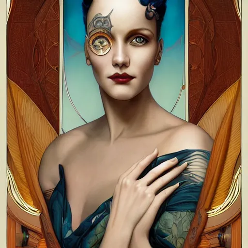 Image similar to an art nouveau, ( streamline moderne ), multi - racial portrait in the style of anna dittmann and donato giancola and chanthara. very large, clear, expressive, and intelligent eyes. centered, ultrasharp focus, dramatic lighting, photorealistic digital matte painting, intricate symmetrical ultra detailed background.