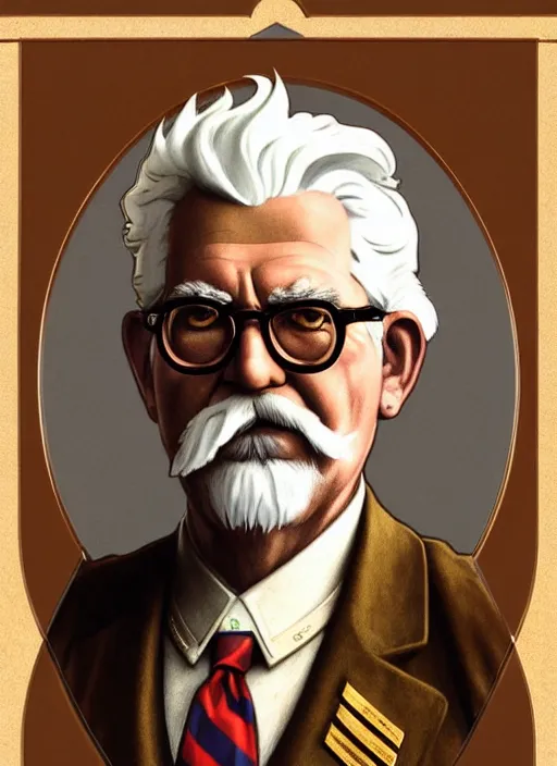 Prompt: close up portrait of colonel sanders - sepia, decorated civil war veteran, union uniform by artgerm, cushart krenz, greg rutkowski, mucha. art nouveau. gloomhaven, golden arches logo, pale colors, sharp edges. ultra clear detailed. 8 k. elegant, intricate, octane render