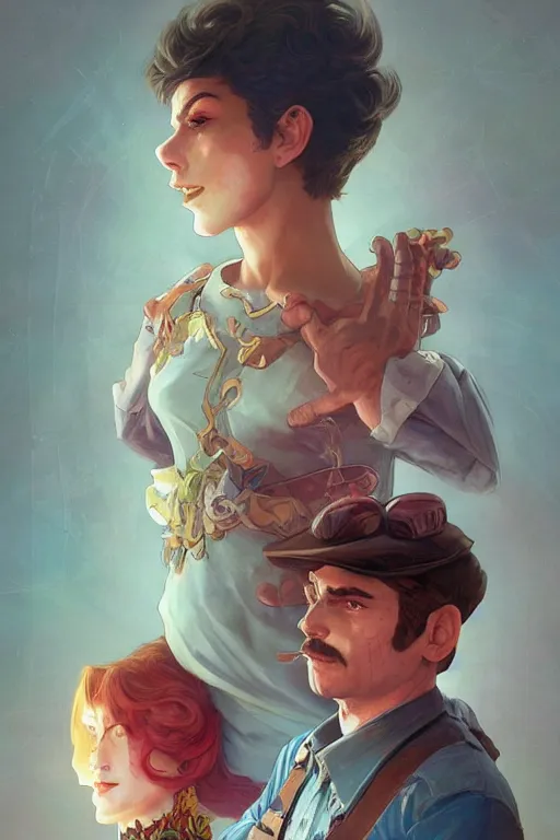 Image similar to Mario and his wife from Nintendo, disco elysium, highly detailed, digital painting, artstation, concept art, smooth, sharp focus, illustration, art by artgerm and greg rutkowski and alphonse mucha and Wayne Barlowe and Zdislav Beksinski and Francis Bacon