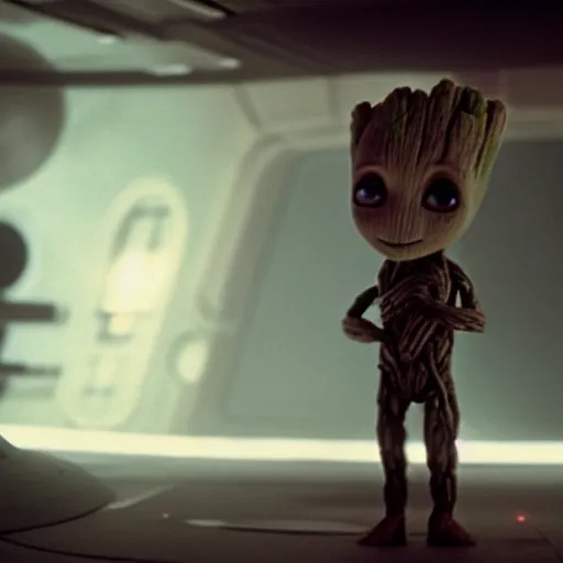 Prompt: Film still of Baby Groot walking around on the Death Star, from Star Wars (1977)
