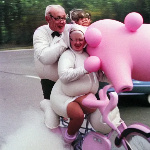 Image similar to a martin parr photo of a grandpa couple, wearing michelin man white body costumes, going super fast on a pink pig, 1 9 7 0 s kodachrome colour photo, flash on camera, w 1 0 2 4