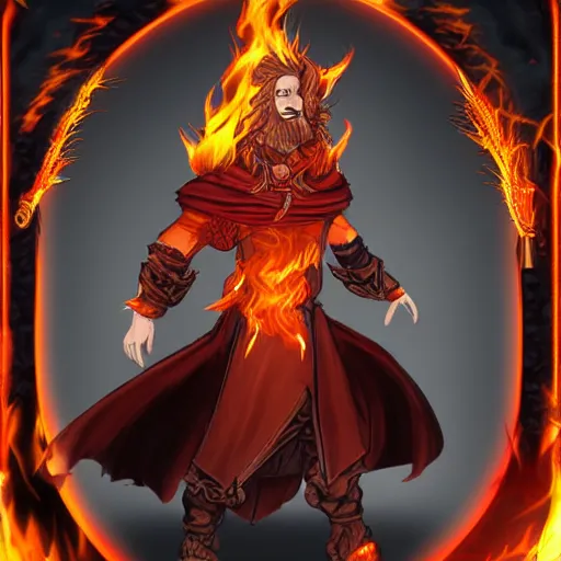 Prompt: male fire genassi sorcerer, fire hair, hair made of fire, dark robes, character art, D&D, high detail