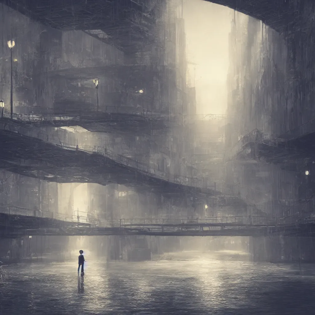 Prompt: a lonely boy in a city bridge looking to the river at night, digital painting, masterpiece, digital art, hyperrealistic, concept art, octane render, unreal engine 5, trending on deviantart, sad atmosphere, centered, anatomically correct, oil painting, low contrast, serene scenery, loneliness