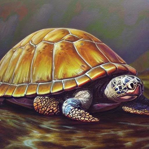 Prompt: Realm carried on a shell of a turtle, fantasy, oil painting, extra detailed