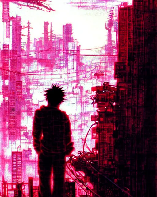 Image similar to tetsuo over neo - tokyo, silhouetted by a red sun | anime, matte painting, dystopian megacity neo - tokyo akira, shaded perfect, fine details. realistic shaded lighting anime manga artwork by katsuhiro otomo, akira, artgerm, jeremy lipkin and michael garmash and rob rey