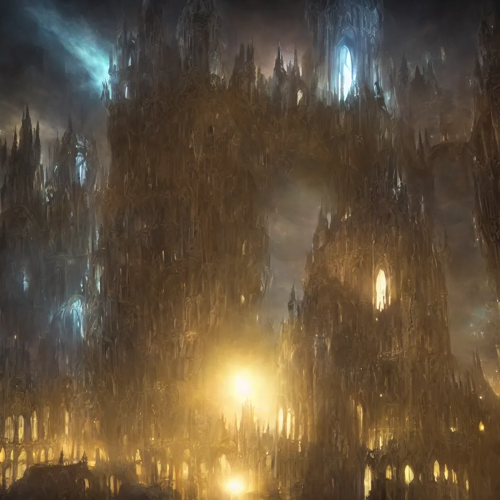 Prompt: huge towering magical university, extreme drama, distant glowing figures, hdr, movie still, fully photorealistic, artstation, beautiful concept art, sharp luminescent focus, nd 6, sony fx 6, glowing luminescent invocations