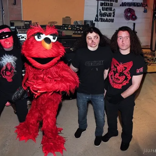 Image similar to elmo in a satanic metal band