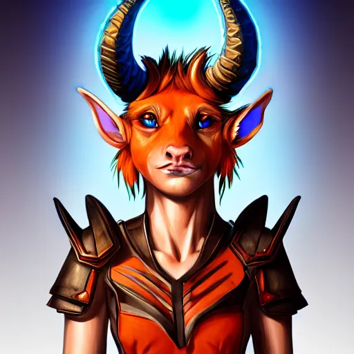 Image similar to illustrated realistic tilted head portrait female prong-horned kobold with blue bob hair and solid dark eyes wearing strap leather armor, orange glow, backlit by rossdraws