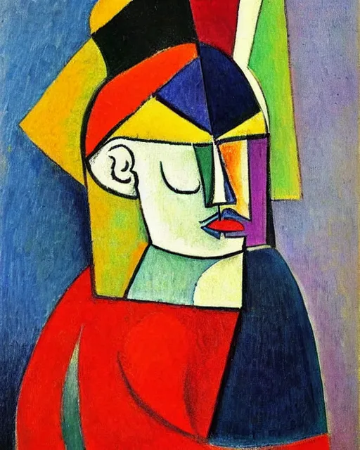 Prompt: a painting of a woman wearing a hat, a cubist painting by alexej von jawlensky, featured on deviantart, synthetism, picasso, cubism, fauvism