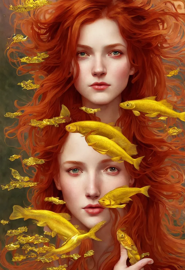 Image similar to beautiful watercolor painting of a young red hair woman surrounded by golden fish, intricate, elegant, highly detailed, digital painting, artstation, concept art, smooth, sharp focus, art by krenz cushart and artem demura and alphonse mucha, dynamic lighting, full body shot, ultrarealistic, cinematic, octane render, 8 k