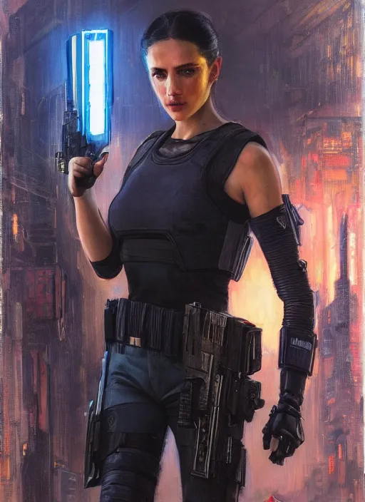 Image similar to 💃🏻. cyberpunk police trooper in a military vest ( blade runner 2 0 4 9, cyberpunk 2 0 7 7 ). orientalist portrait by john william waterhouse and james gurney and theodore ralli and nasreddine dinet, oil on canvas. cinematic, hyper realism, realistic proportions, dramatic lighting, high detail 4 k