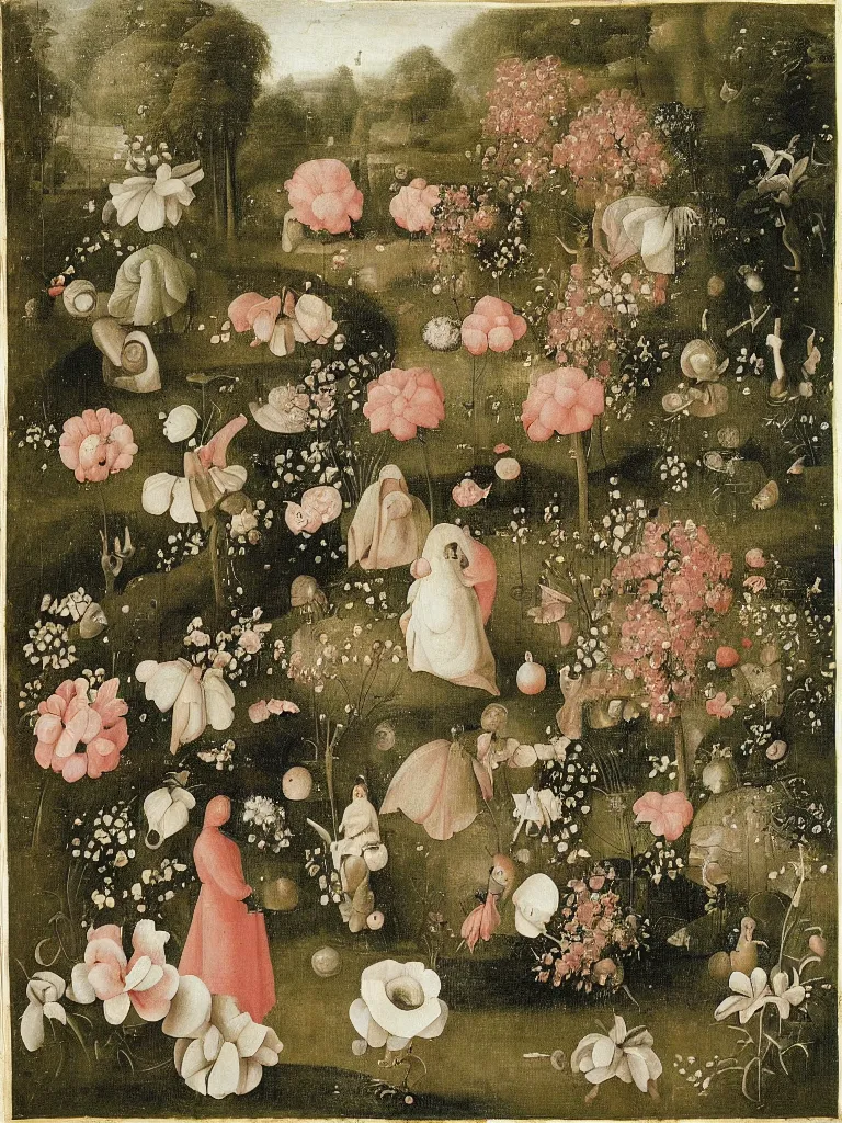 Image similar to beautiful large flowers in a garden, in the style of hieronymus bosch,