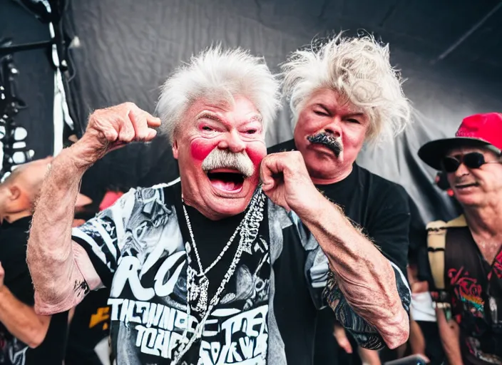 Image similar to photo still of rip taylor at vans warped tour!!!!!!!! at age 6 3 years old 6 3 years of age!!!!!!! stage diving at a crowd, 8 k, 8 5 mm f 1. 8, studio lighting, rim light, right side key light