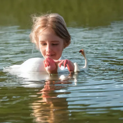 Prompt: girl drowning swan in lake