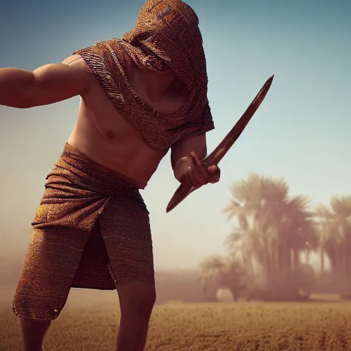 Image similar to photographic portrait of angered Mediterranean skinned man in ancient Canaanite clothing fighting a Mediterranean skinned in ancient clothing, farm field background, sharp detail, hyper realistic, foggy atmosphere, intense facial expression, octane render
