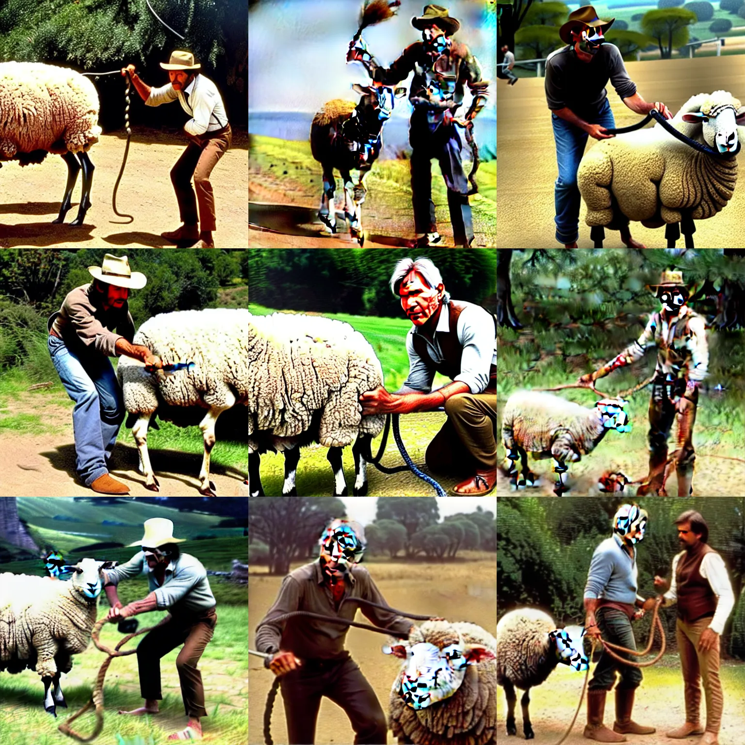 Prompt: Indian Jones (Harrison Ford, 40 years old) taming a sheep with his whip