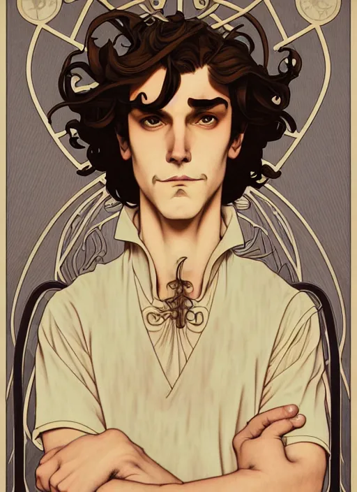 Image similar to art nouveau portrait of a young man with curly light brown hair, brown eyes, serious facial expression, gloomy mood, angry, t - shirt, natural lighting, path traced, highly detailed, high quality, cartoon, digital painting, by don bluth and ross tran and studio ghibli and alphonse mucha