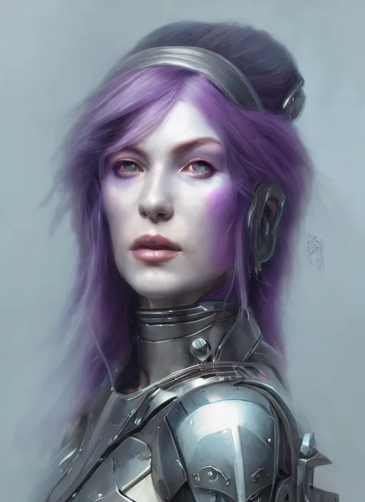 Image similar to a hyper detailed face portrait of a pale woman with purple hair in sci - fi cybernetic armor, sylvanas windrunner, sideshow figurines, by tom bagshaw, artgerm, dorian cleavenger, greg rutkowski, wlop, astri lohne, zdzisław beksinski trending on artstation