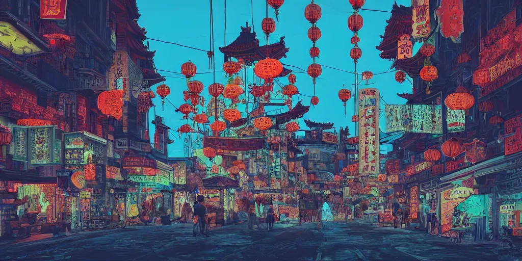 Prompt: old chinatown that never sleeps, neon lights, mythology, fairy tale, urban landscape, evening, highly detailed, low angle view, artstation, in the style of aetherpunk