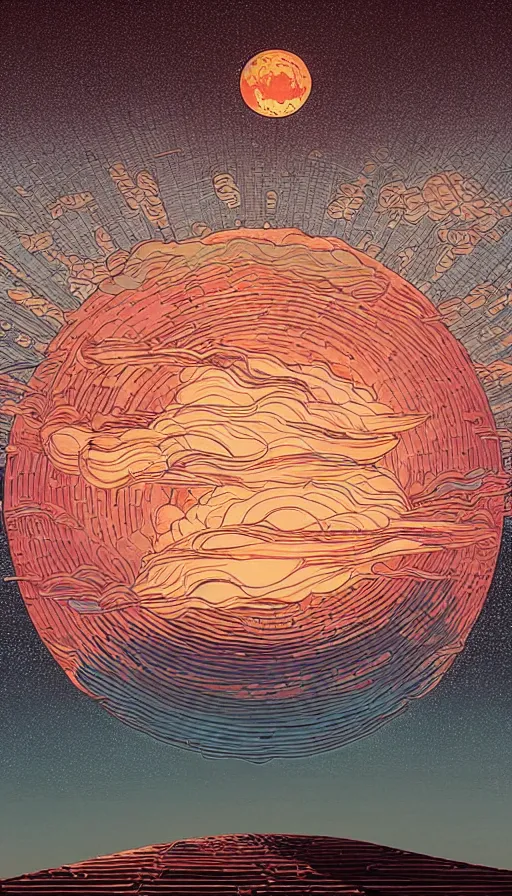 Image similar to copper full harvest moon floating on cosmic cloudscape at sunset, futurism, dan mumford, victo ngai, kilian eng, da vinci, josan gonzalez